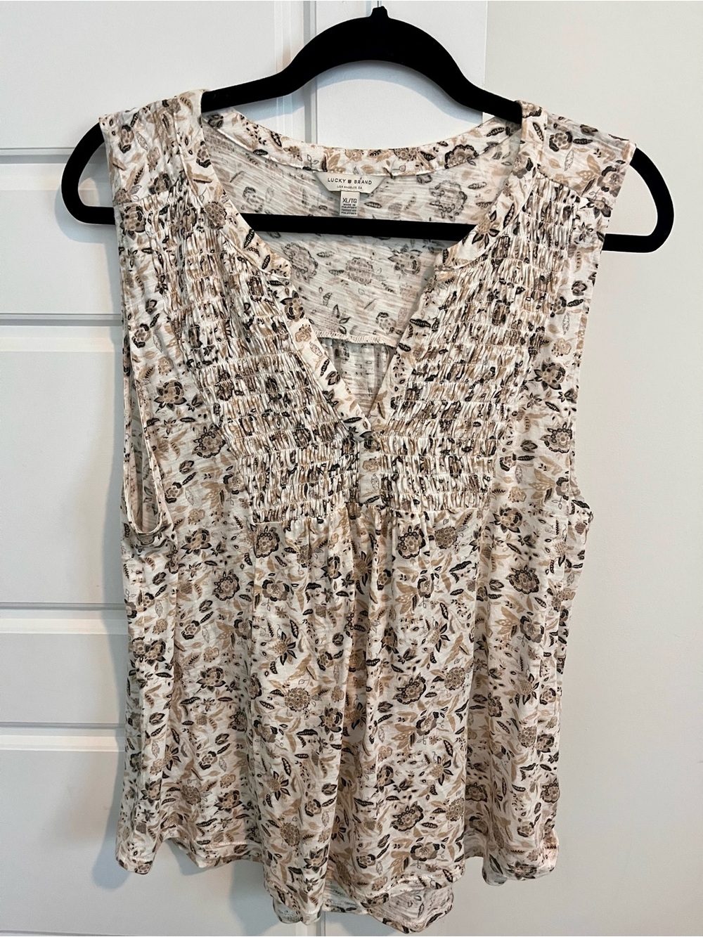 Lucky Brand Cream and Brown Floral Smocked V-Neck Camisole